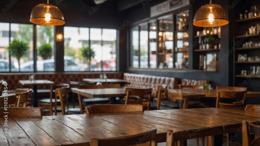 Fototapeta premium Blurred coffee shop interior with wooden table