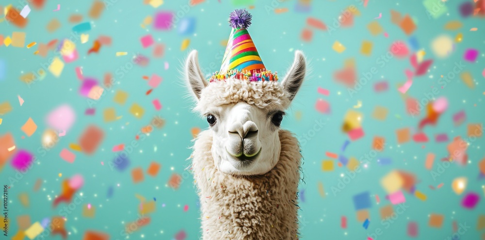 Obraz premium A cute llama wearing a festive party hat surrounded by falling confetti, set against a cheerful blue background, symbolizing celebration.