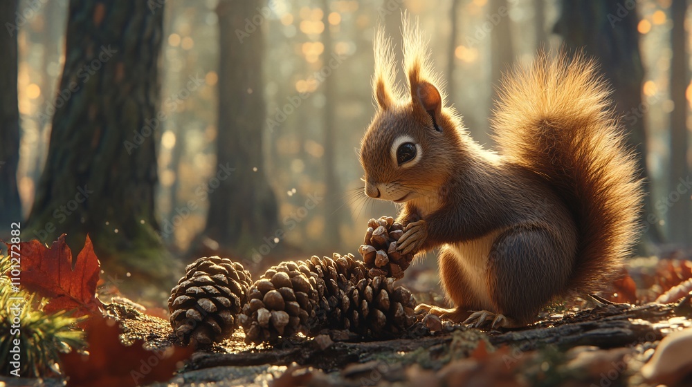 Obraz premium a cute squirrel was picking pine cones in the woods in autumn