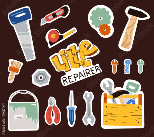 Kids collection stickers of various repair tools in a cartoon style. A set for decorating toys, construction sets, children room or workshop, as educational material, fabrics, wallpapers