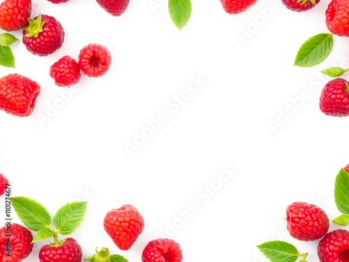 Raspberries arranged in a circle frame on a white background with space in the middle, harvest, frame