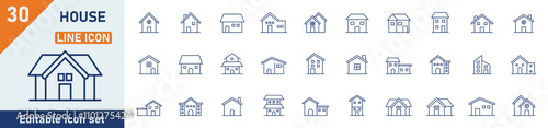 House line icon set. Set of 30 outline icons related to house, house, real estate, building, property and others. Editable stroke. Vector illustration.