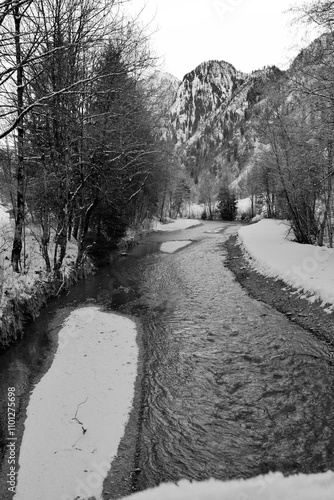 Winter scene as the snow arrives at Klammsee in Kaprun