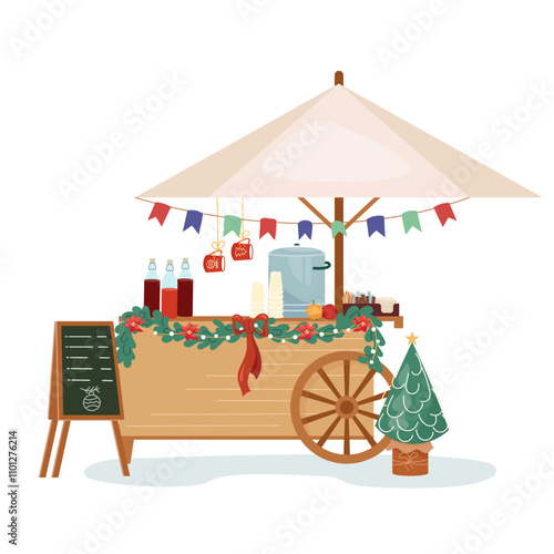 Tradition Christmas mulled wine cart decorated with fir tree branches. Festive winter stall with hot drinks. Outdoors shopping store on holiday fair marketplace. Flat vector illustration isolated