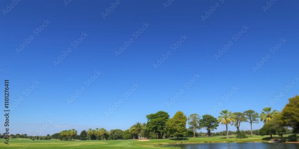 Scenic golf course with pond, lush trees, blue sky, leisure, golfing Scenic golf course with pond, lush trees, blue sky, leisure, golfing