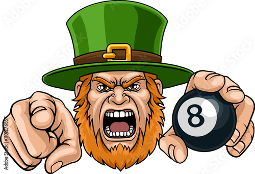 An angry Leprechaun Celtic Irish cartoon character holding billiards pool 8 black ball and pointing sports team mascot illustration.