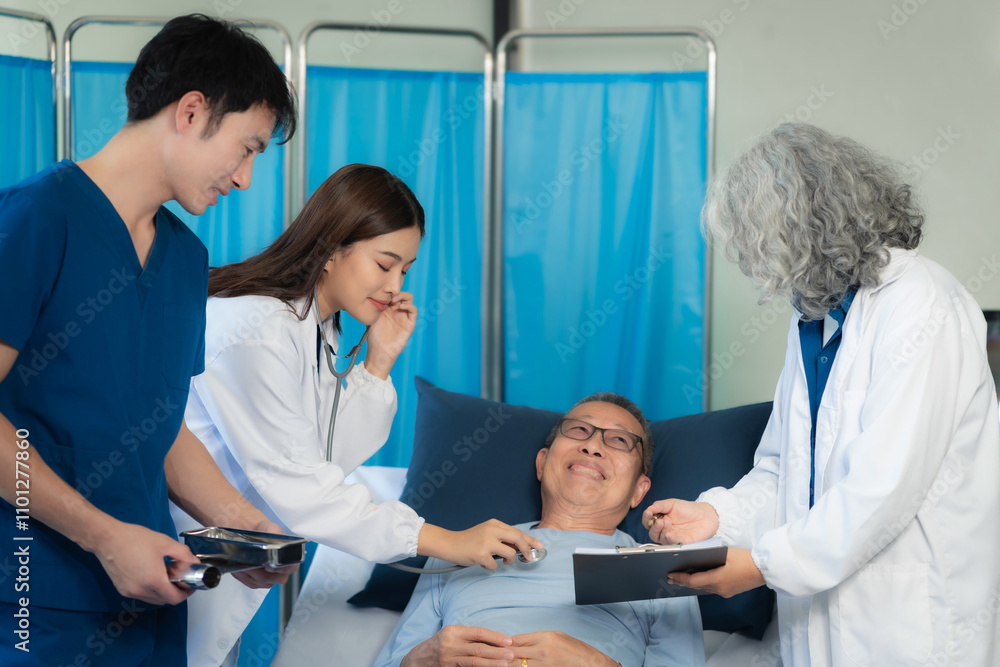 Fototapeta premium Female Doctor and Assistant Examining Male Patient's Health.