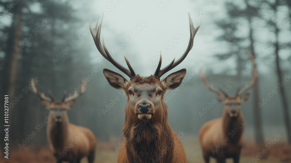 Three deer are standing in a forest Three deer are standing in a forest