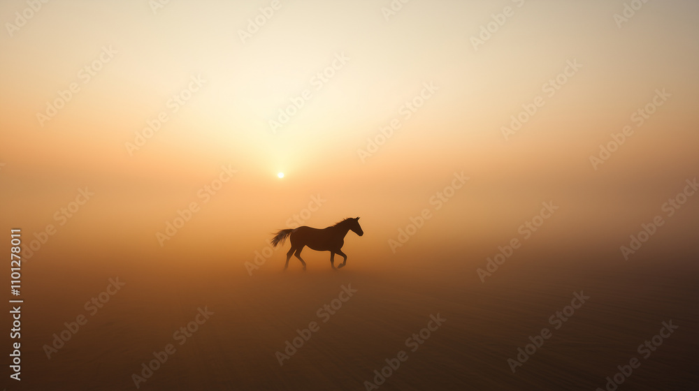 Fototapeta premium A horse is walking in a field with a sun in the background