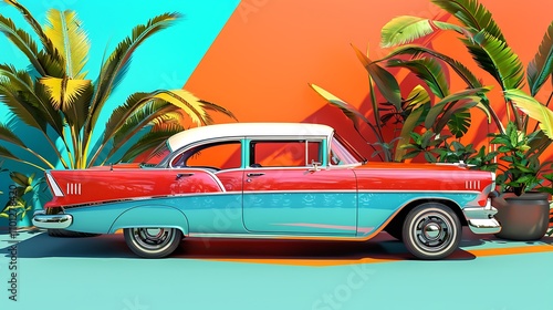 A vibrant vintage car with a retro design, set against a bright backdrop photo