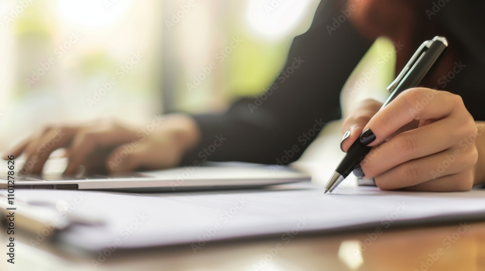 Fototapeta premium A close-up of a businesswoman's hand using a stylus to write on a digital tablet, with a blurred office background, The image emphasizes the integration of modern technology in everyday business tasks