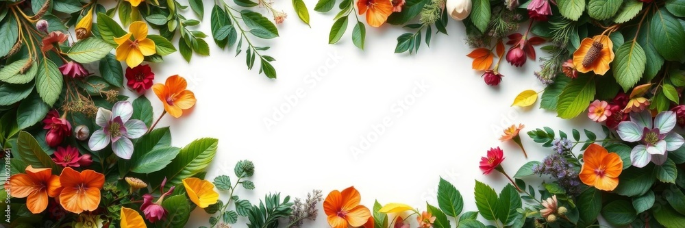 Fototapeta premium top view white square frame surrounded by lush green leaves minimalistic flat lay, empty, organic