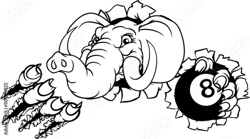 An elephant angry mean pool billiards mascot cartoon character holding a black 8 ball.