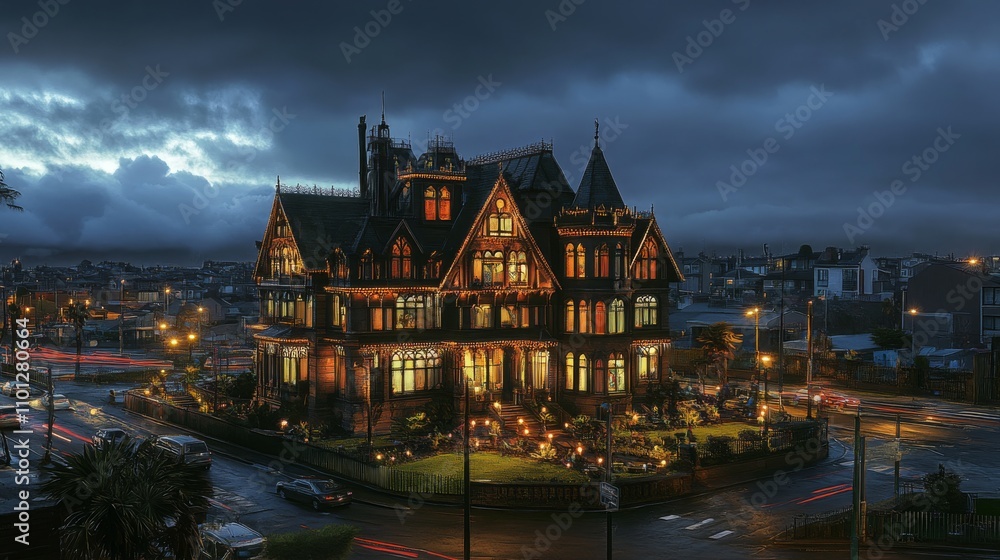 Obraz premium A Majestic Gothic Revival Mansion Illuminated at Night, Surrounded by Stormy Skies and Urban Landscape, Capturing the Essence of Historical Architecture and Charm
