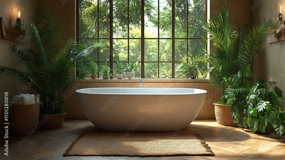 spa day chic bathroom decor featuring a ceramic tub and lush indoor plants spa day chic bathroom decor featuring a ceramic tub and lush indoor plants