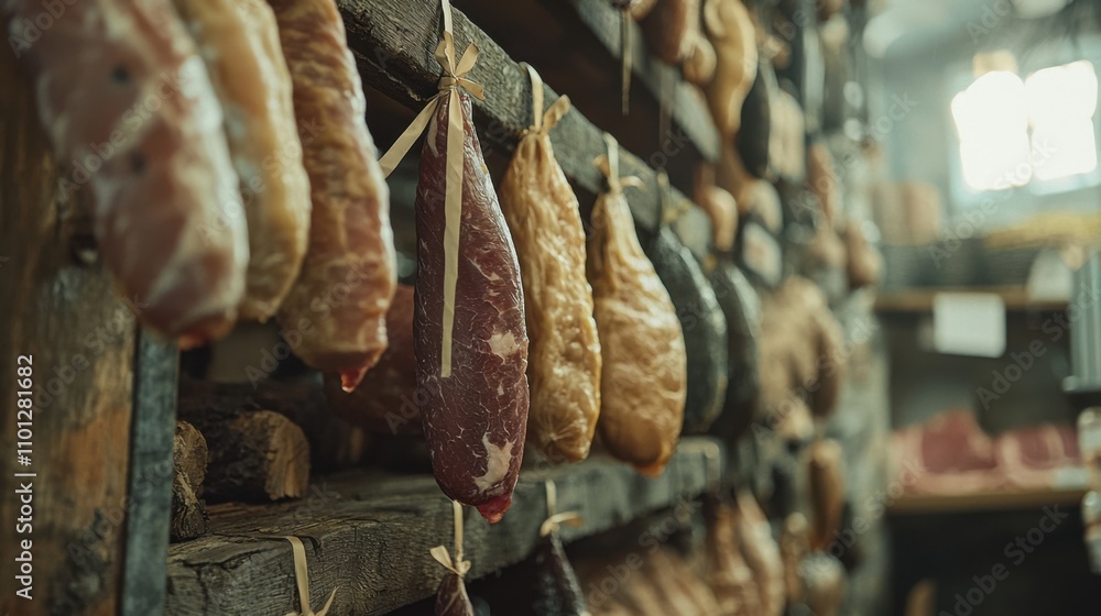 Cured meats hanging in a rustic setting, displayed on wooden shelves, portraying the craftsmanship and tradition of meat preservation. Cured meats hanging in a rustic setting, displayed on wooden shelves, portraying the craftsmanship and tradition of meat preservation.