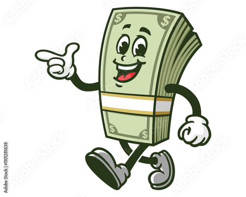 Money Cash is walking leisurely,  Cartoon Character Mascot Illustration Vector Clip-art Hand-drawn Logo Design