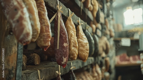 Cured meats hanging in a rustic setting, displayed on wooden shelves, portraying the craftsmanship and tradition of meat preservation. photo