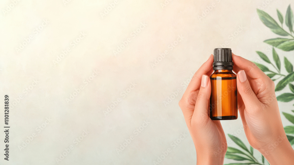 close up of hands holding bottle of essential oil against soft background, surrounded by green leaves, evokes sense of calm and wellness close up of hands holding bottle of essential oil against soft background, surrounded by green leaves, evokes sense of calm and wellness