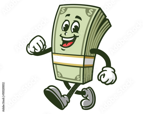 Walking Money Cash,  Cartoon Character Mascot Illustration Vector Clip-art Hand-drawn Logo Design