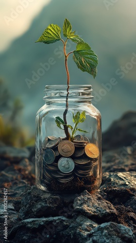 Wallpaper Mural  Jar filled with coins and a plant sprouting from the top, set against a neutral background, symbolizing financial growth and sustainability. Torontodigital.ca