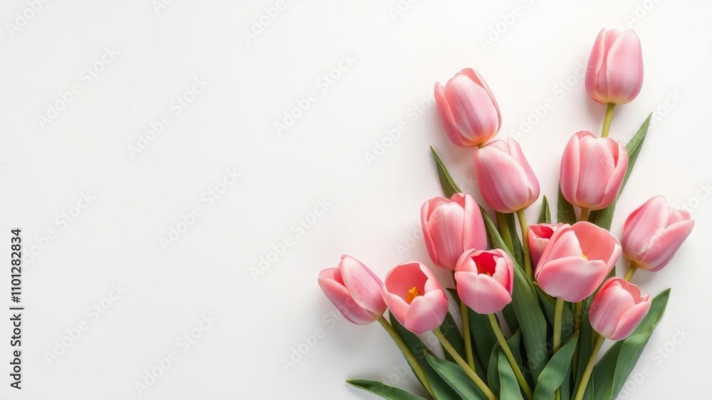 Vibrant tulips in various colors arranged on a pastel pink background with space for text, copyspace, colorful Vibrant tulips in various colors arranged on a pastel pink background with space for text, copyspace, colorful