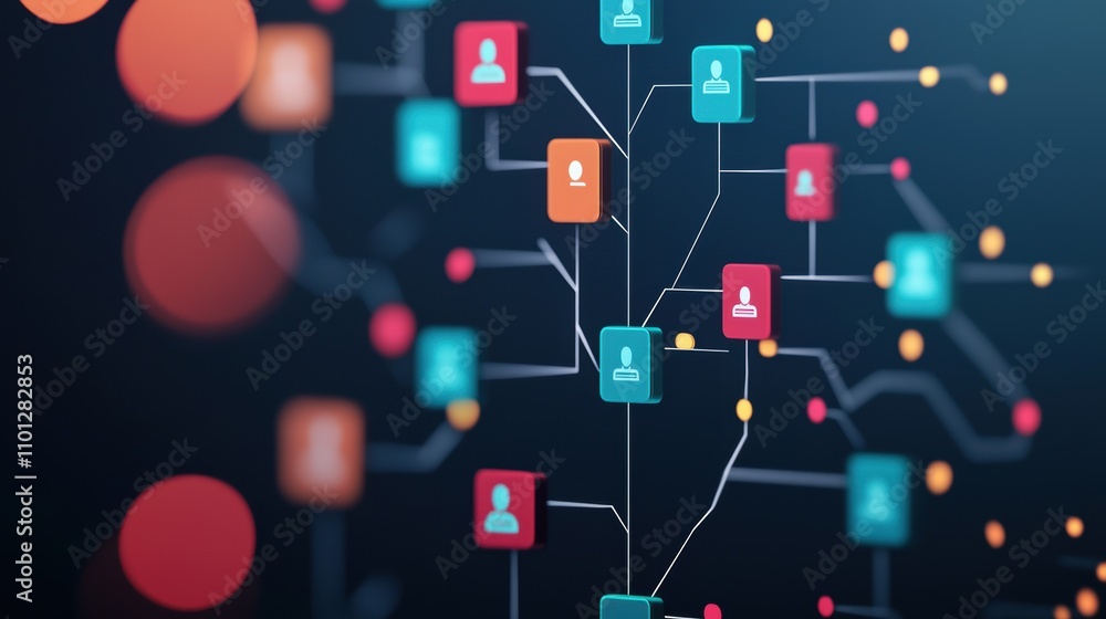 Fototapeta premium A sleek and modern organizational chart displayed on a screen during a corporate presentation, using minimalist icons and typography to represent different teams and roles within a company, conveying