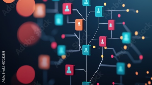 A sleek and modern organizational chart displayed on a screen during a corporate presentation, using minimalist icons and typography to represent different teams and roles within a company, conveying