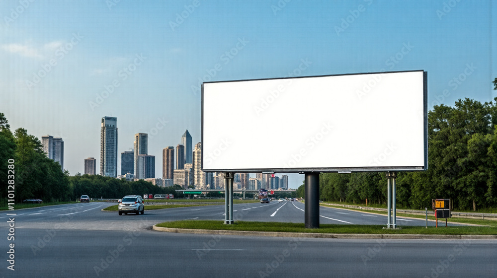 Fototapeta premium Mockup empty billboard for advertisement along highway with no cars, urban skyline in distance under blue sky, spacious advertising board ready for branding, road side marketing in city outskirts
