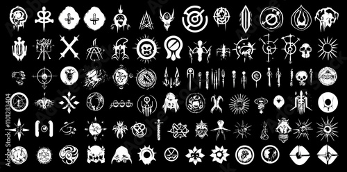 A vast array of alchemical symbols designed to resemble an old manuscript filled with mystical lyrics and occult alphabets. The written signs are influenced by medieval writings. Provided in modern photo