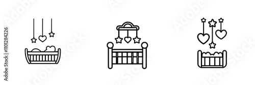 Flat icon of a baby crib or infant bed with suspended toys, suitable for apps and websites.