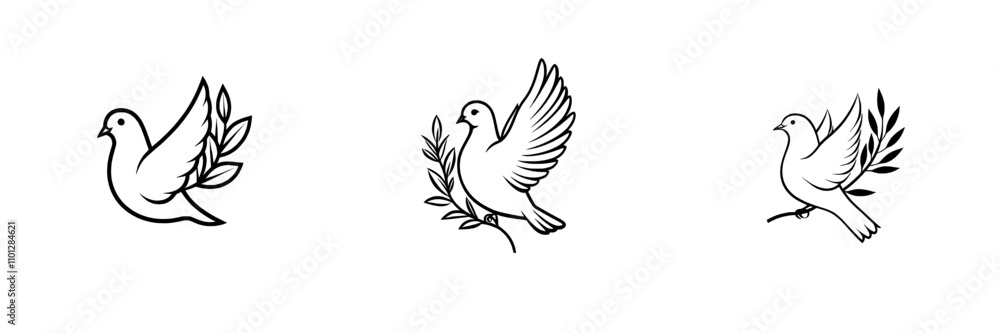 A line art icon of a dove carrying an olive branch, symbolizing peace, designed for modern apps and websites. A line art icon of a dove carrying an olive branch, symbolizing peace, designed for modern apps and websites.