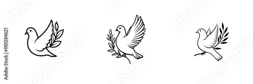 A line art icon of a dove carrying an olive branch, symbolizing peace, designed for modern apps and websites.