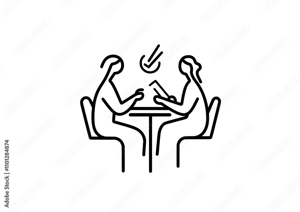 A job interview represented in a modern, simple one-line design with a recruiter and candidate. A continuous line drawing of two women having a conversation at a table. A job interview represented in a modern, simple one-line design with a recruiter and candidate. A continuous line drawing of two women having a conversation at a table.