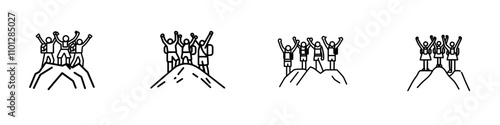 A continuous line of travelers with hiking backpacks arrives, embodying the concept of teamwork.