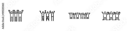 A single continuous line drawing depicts happy office workers celebrating their success as a team.