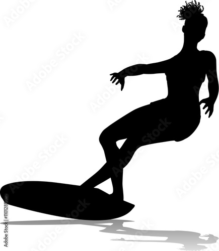 Surfer surfboard boarding female surfer surfing silhouette outline. Woman surf pose design concept.