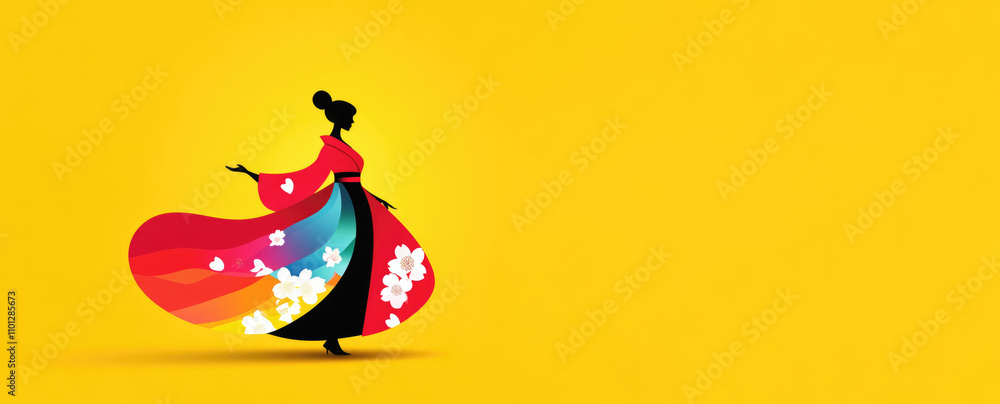 Naklejka premium A Japanese woman in a vibrant red and black kimono with floral patterns, minimalist flat illustration against a yellow background, symbolizing tradition and elegance..