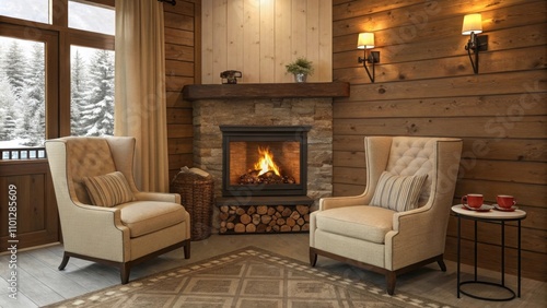 Nestled in a corner the fireplace radiates heat and a pair of inviting armchairs are positioned nearby. The natural wood paneling enhances the snug atmosphere complemented by a photo