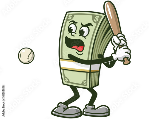 Money Cash playing baseball,  Cartoon Character Mascot Illustration Vector Clip-art Hand-drawn Logo Design