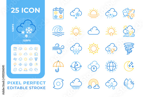Meteorology two color line icons set. Weather forecast symbols. Precipitations, temperature and wind icons bicolor outline iconset isolated. Duotone pictograms thin linear. Editable stroke