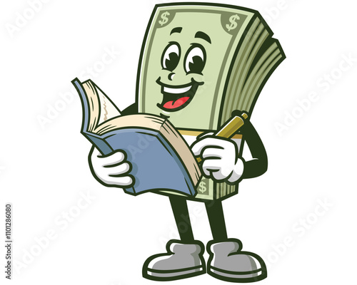 Money Cash with book,  Cartoon Character Mascot Illustration Vector Clip-art Hand-drawn Logo Design