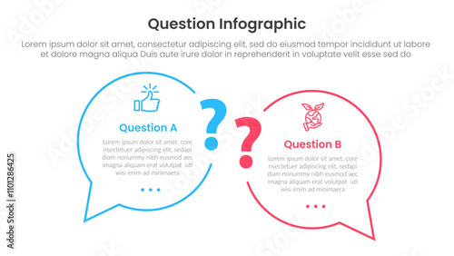 question infographic template banner with big question or discussion outline circle side by side with 2 points for slide presentation