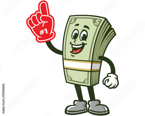 Money Cash with foam finger,  Cartoon Character Mascot Illustration Vector Clip-art Hand-drawn Logo Design