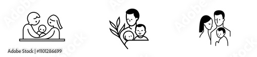 An uninterrupted line sketch of parents and their infant, representing the maternity concept with a contemporary doodle illustration.