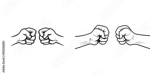 A modern illustration of a continuous line drawing depicting arm hands in a fist bump.