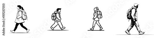 A woman traveler with a backpack depicted in a continuous line drawing style, engaging in hiking and camping activities. This black linear sketch is isolated on a white background, showcasing a