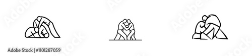 A trendy modern illustration features a single continuous line drawing of two young judoka fighters honing their judo skills at a dojo gym, representing the sports of jujitsu and aikido.