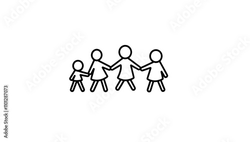 A continuous line drawing of a group of young children holding hands, symbolizing kindergarten friendships. Happy and cute kids in unity.