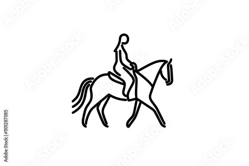 A single continuous line drawing capturing a young woman riding a horse in motion. Equine training for races at a track. The concept of equestrian sports competition. A modern illustration with a